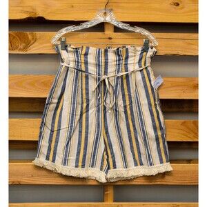 Donna L'oren Mustard Navy Beige Striped Gathered Baggy Paperbag Tied Shorts Sz S
